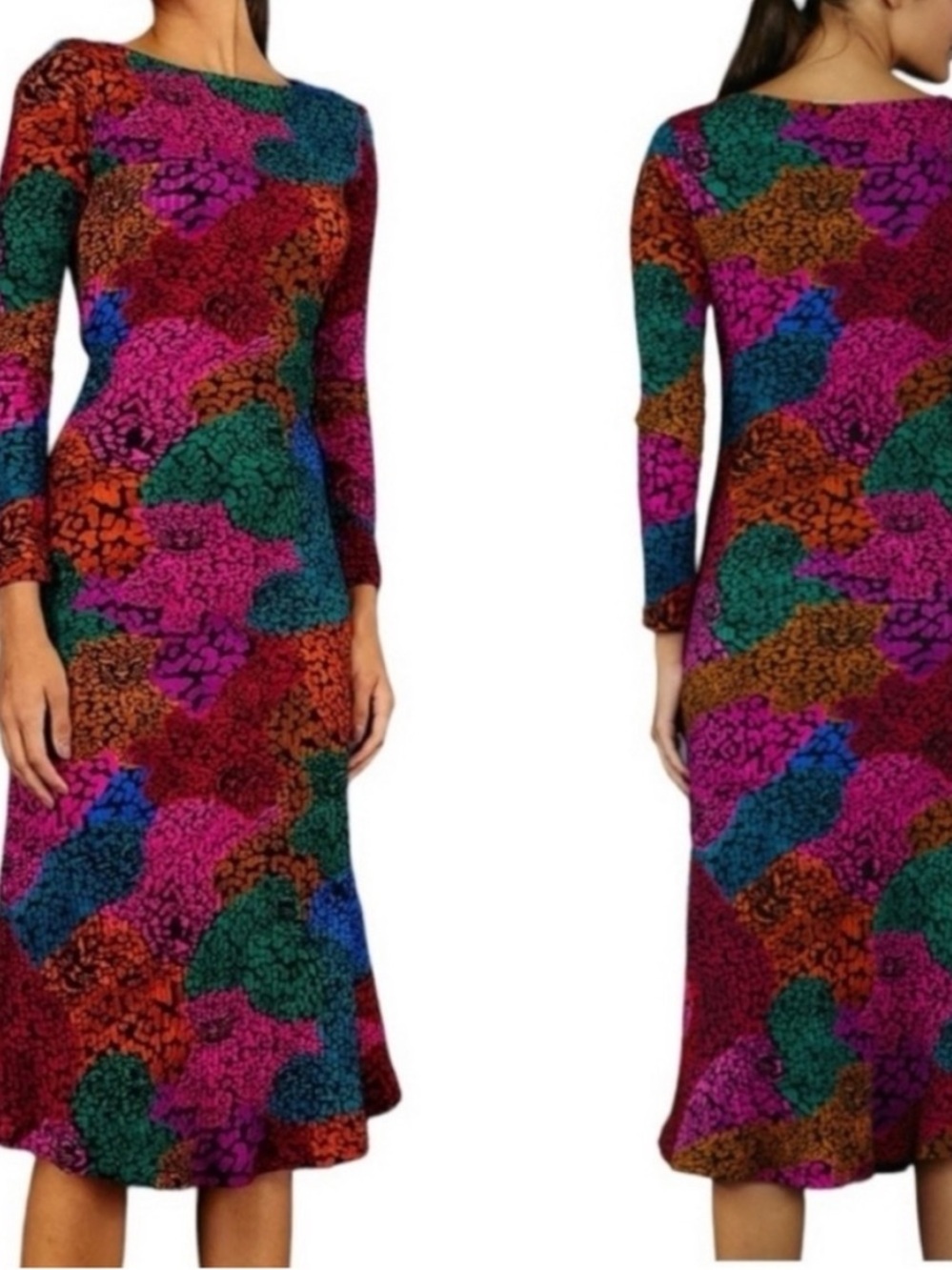 Farm Rio Rainbow Mix Jersey Dress Ribbed Knit Long Sleeve Midi New Size Medium - Picture 13 of 13